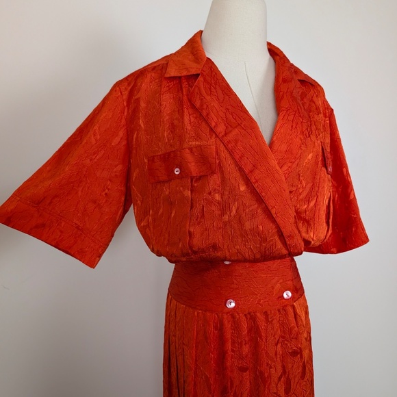 80s Orange Midi Dress Drop Waist Peplum Doubled Breasted Collar V-Neck - Picture 10 of 11